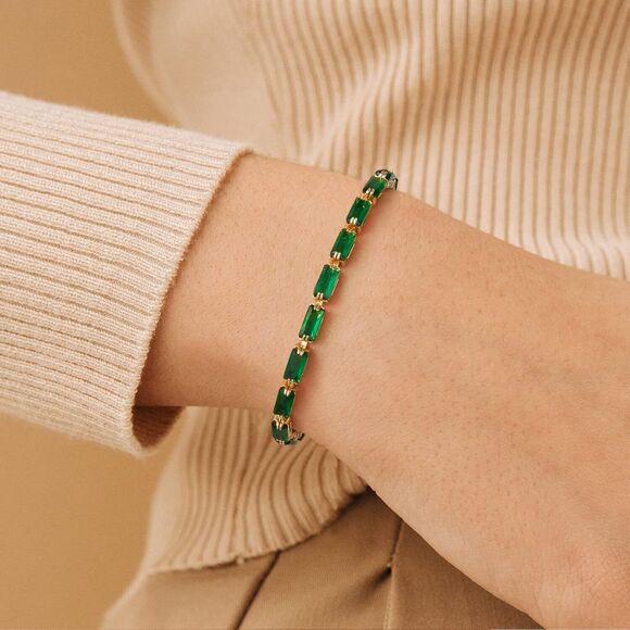 Adjustable Tennis Bracelet 14K Gold Plated Cubic Zirconia Bracelet Emerald Gift - Picture 2 of 6